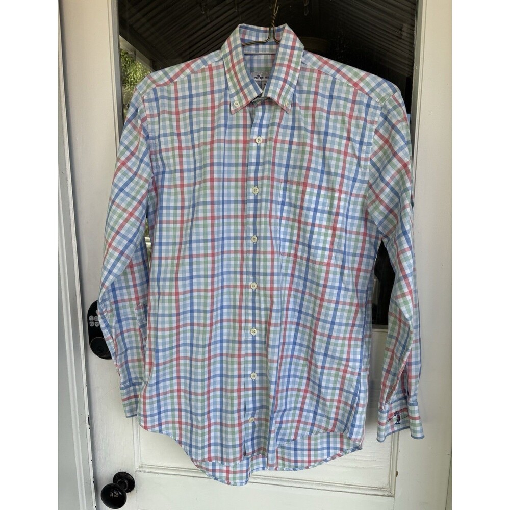 Peter Millar Men's M Long Sleeve Button-Down Plaid Cotton Blue